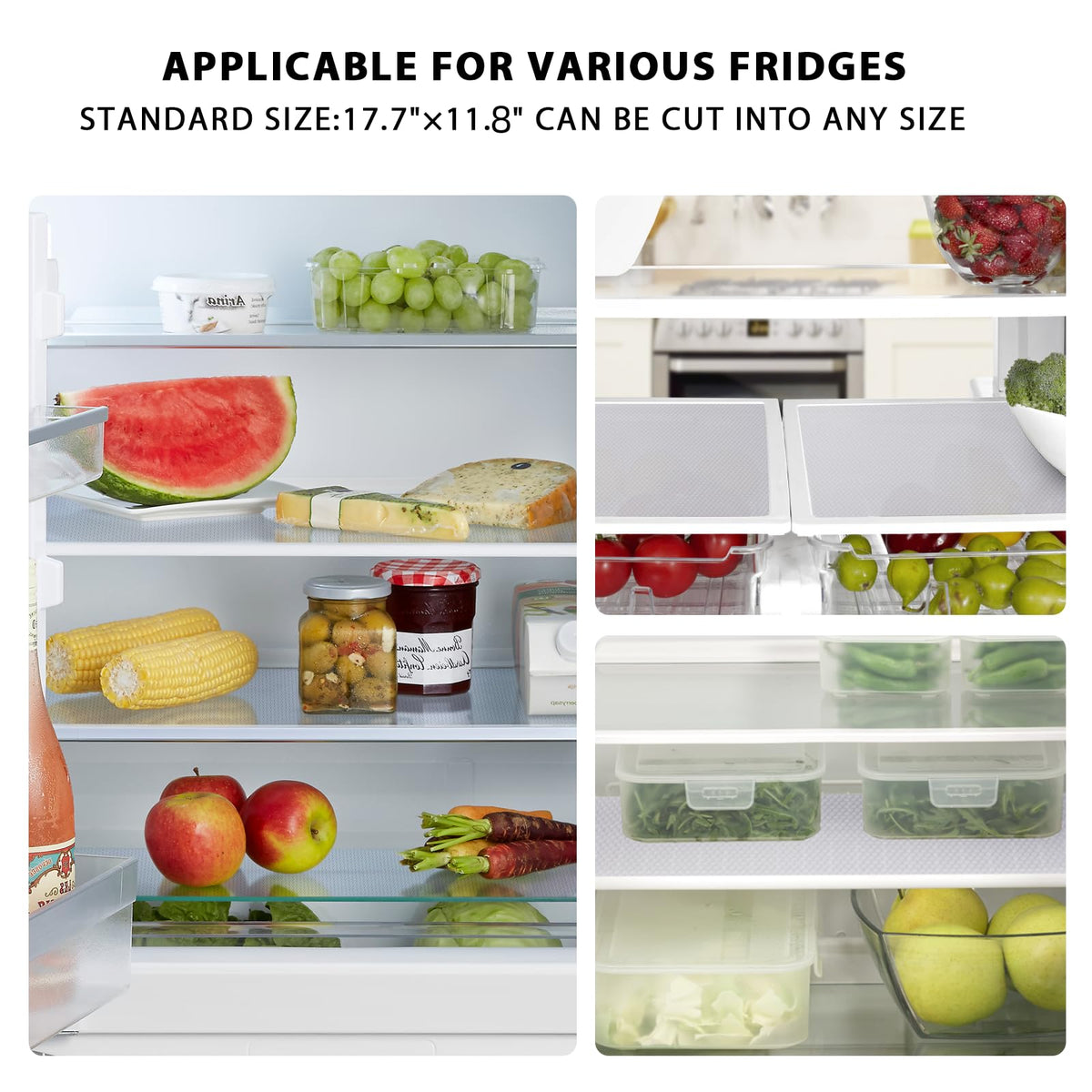 Aiosscd top freezer liners demonstrate pre-cut fit for standard shelves