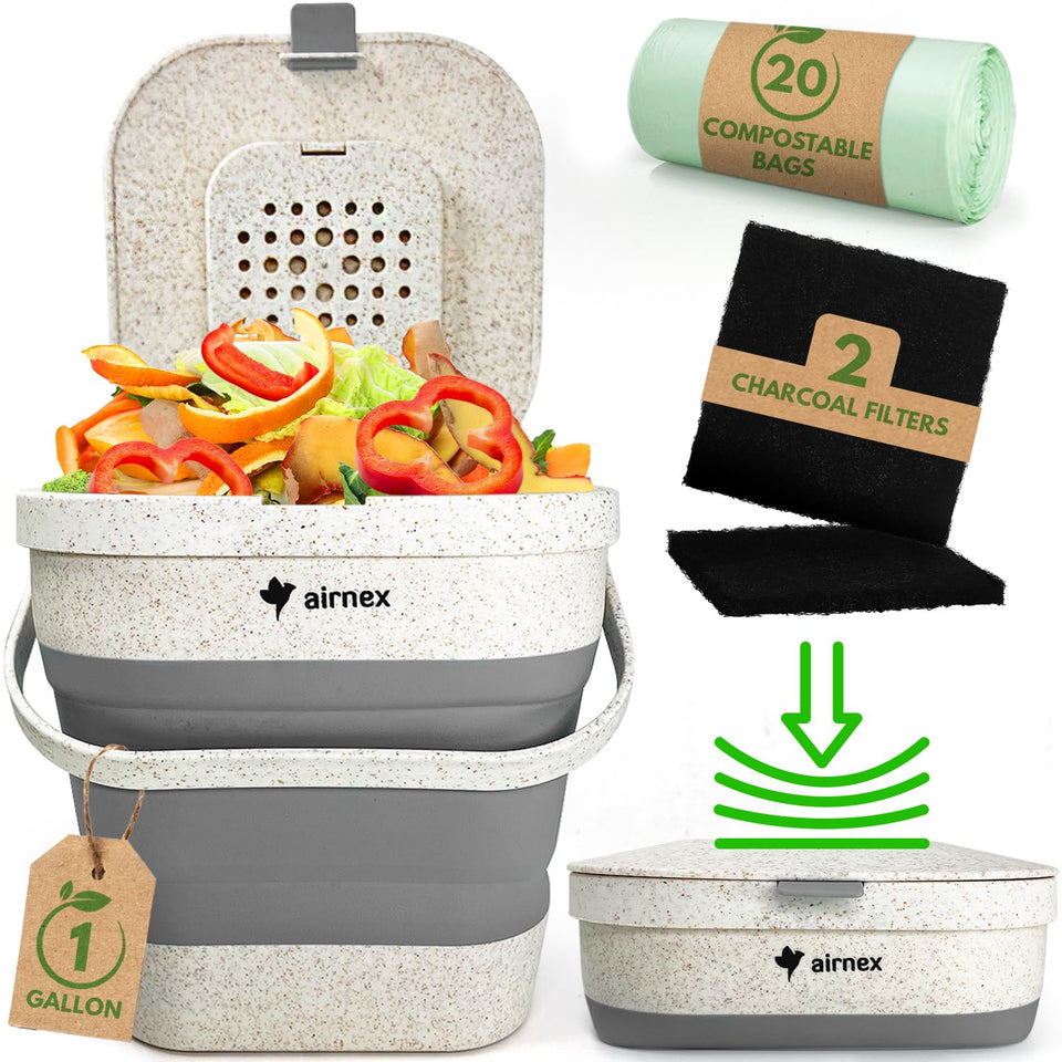 AirNEX collapsible compost bin with lid for odor control on the kitchen counter.
