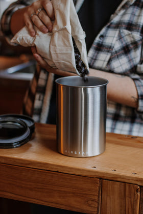 Airscape stainless-steel coffee canister medium matte blue stores dry goods efficiently.