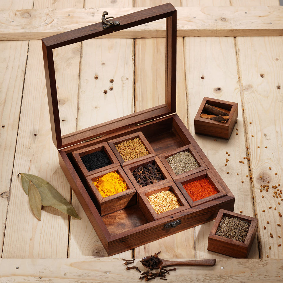Ajuny wooden spice box with glass lid showing a 9x9 layout for quick spice access