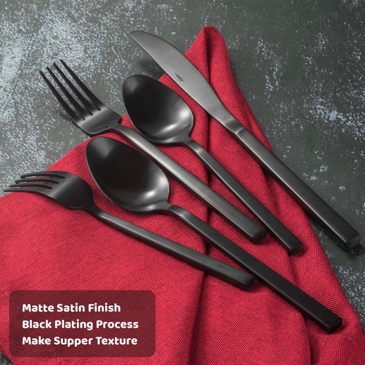 Alata Cube 45-piece flatware set with salad forks for portioned servings.