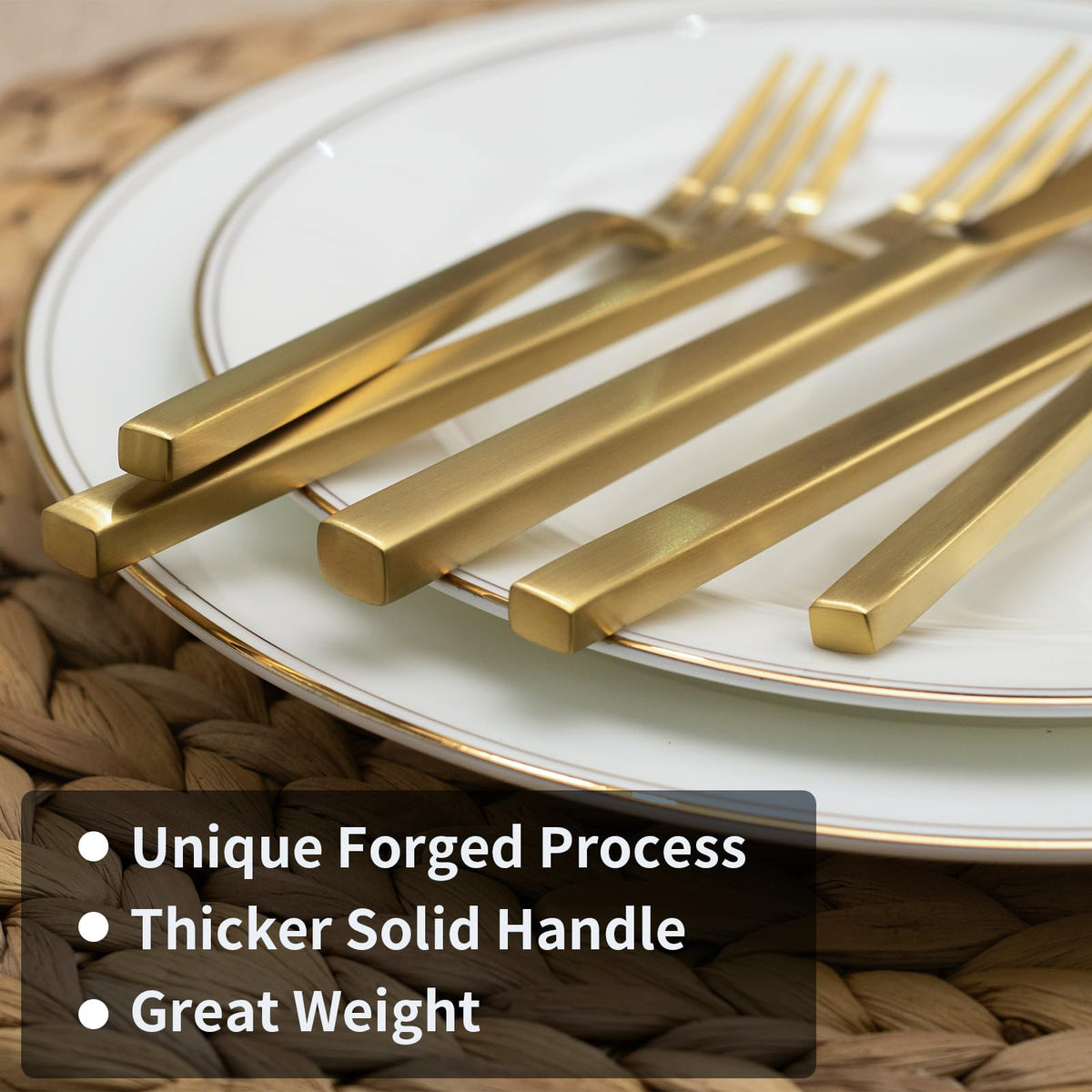 Gift-ready Alata Cube Gold flatware packaged set.