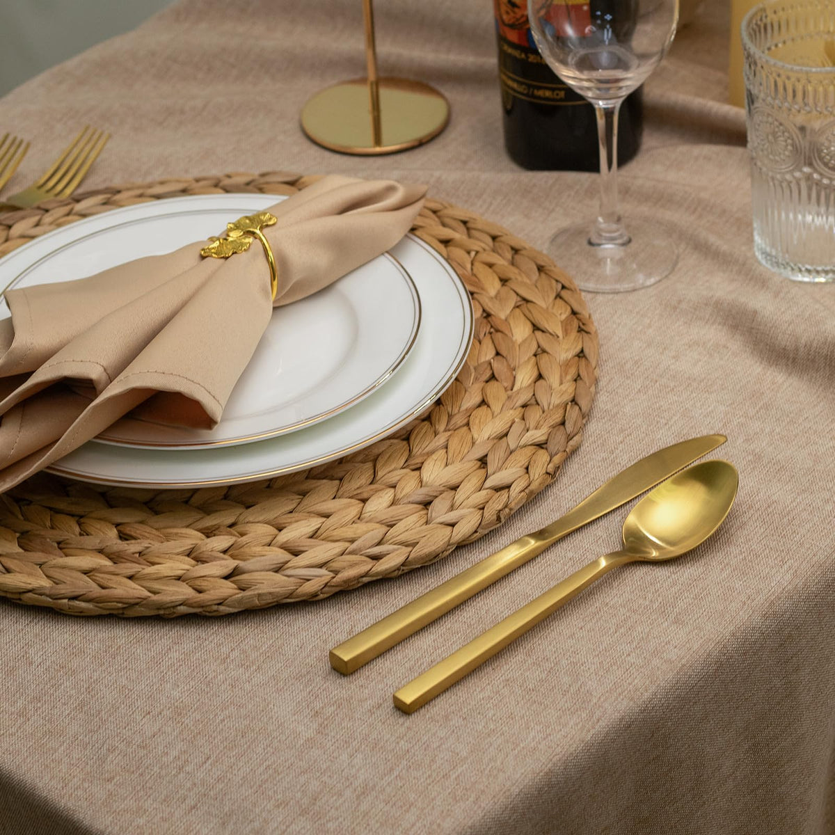 Close-up of square-handle detail on Alata Cube Matte Gold flatware