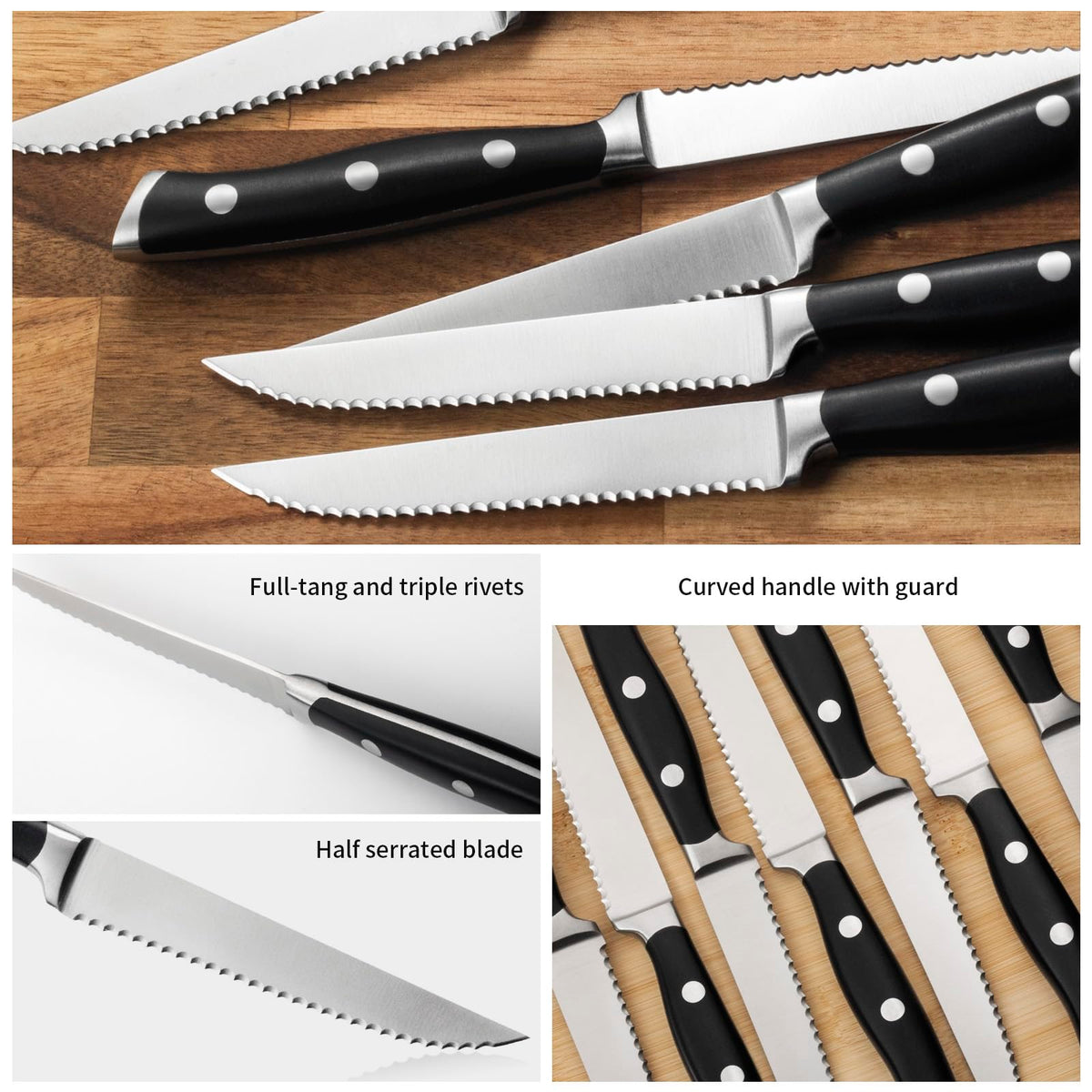 Alata steak knife with serrated edge enables clean, effortless slicing of cooked meats.