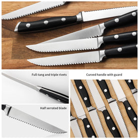 Alata steak knife with serrated edge enables clean, effortless slicing of cooked meats.
