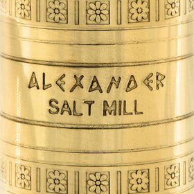 Alexander Home brass salt mill delivers precise grind for finishing dishes.