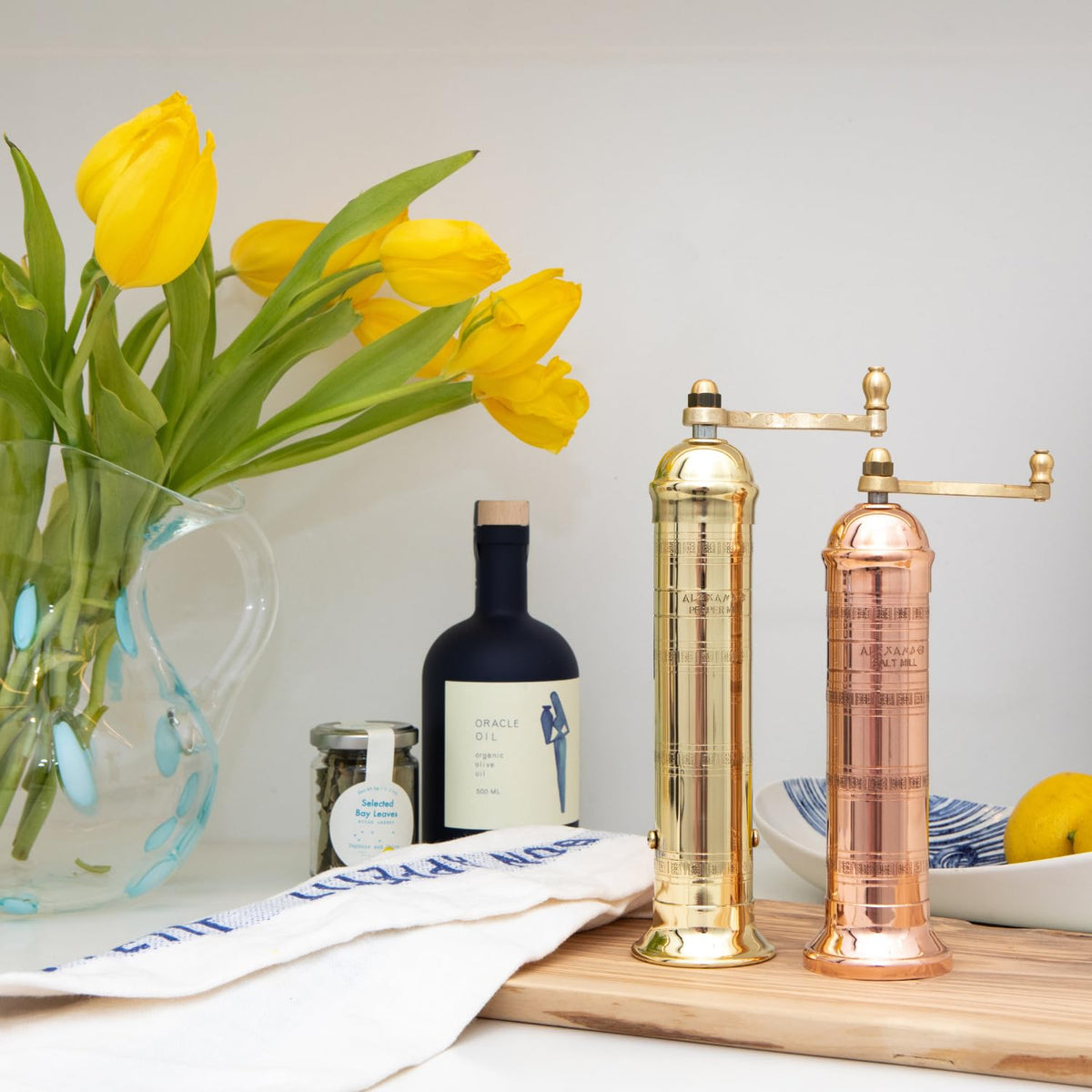 Alexander Home brass 9-inch pepper mill complements traditional kitchens.
