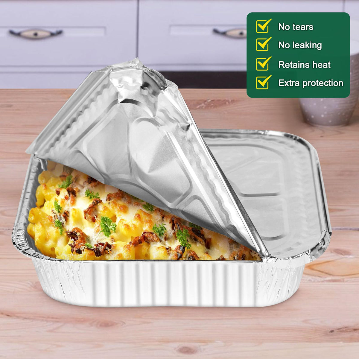 Freezer-safe Alfolic aluminum pans pictured for frozen meals.