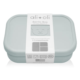Ali+Oli blue silicone bento box showing compact size for school lunches