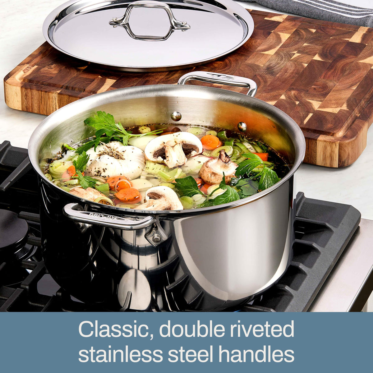 All-Clad D3 stainless ergonomic handle closeup showing balance