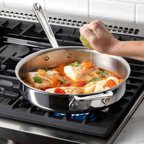 All-Clad D3 tri-ply construction highlights durable, even heat distribution.