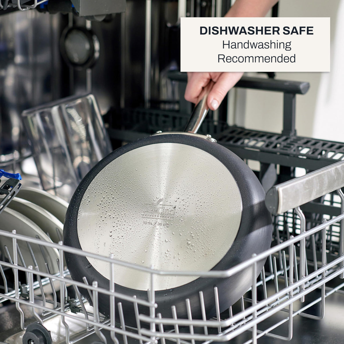 All-Clad HA1 fry pan oven-safe up to 500°F for finishing dishes.