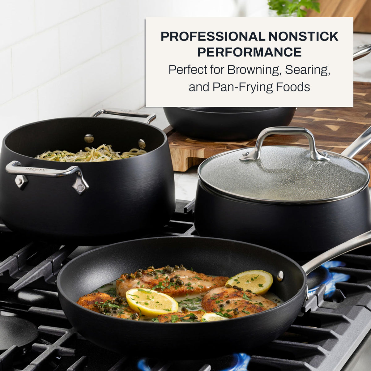 All-Clad HA1 induction-compatible base enables universal stovetop use.