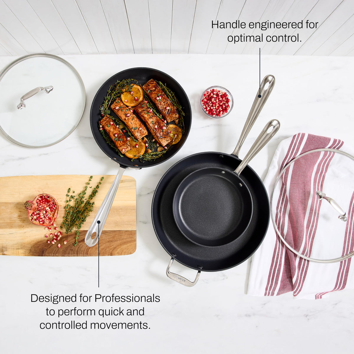 Sturdy stainless-steel handle on HA1 pans provides secure grip.