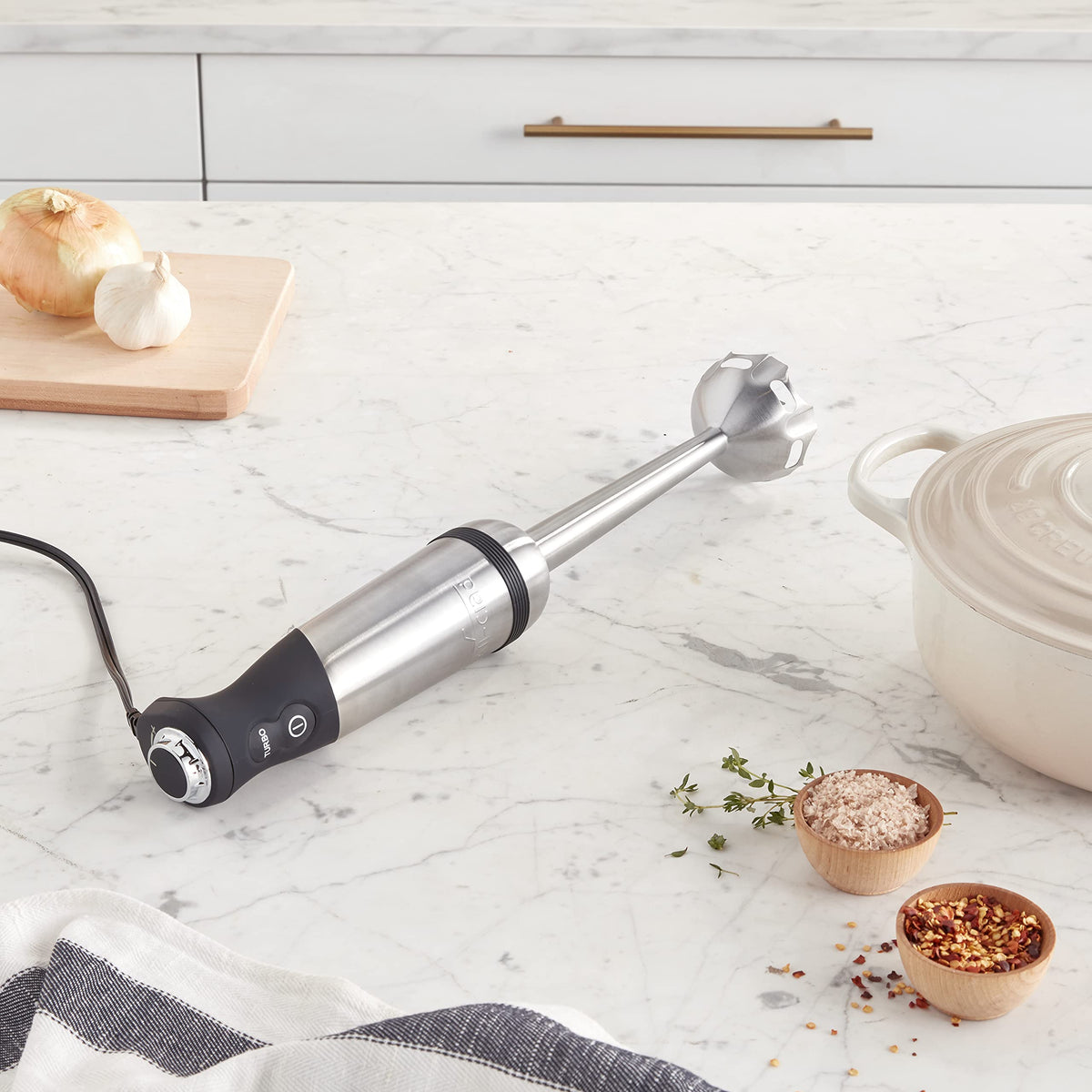 All-Clad blender with whisk and chopper accessories for versatile kitchen prep.