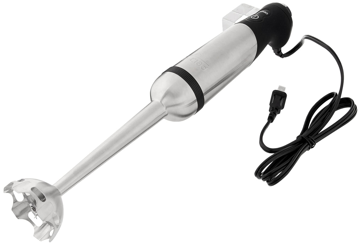 All-Clad immersion blender in action in deep pot with minimal splatter.