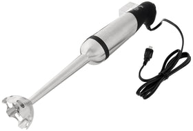 All-Clad immersion blender in action in deep pot with minimal splatter.