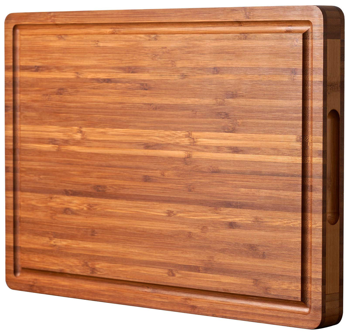Allsum bamboo cutting board with side handles for easy serving.