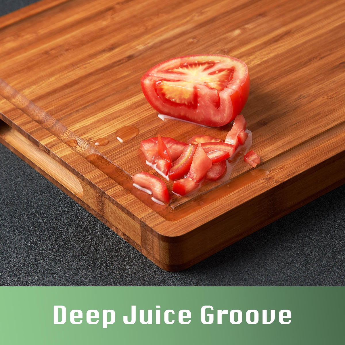 Allsum bamboo cutting board with hidden handles for portable serving.