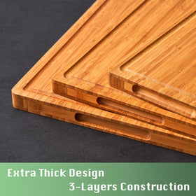 Allsum bamboo cutting board showing juice grooves for mess-free prep.