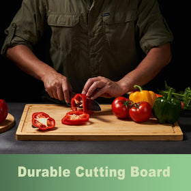 Allsum cutting board with side handles for easy transport.