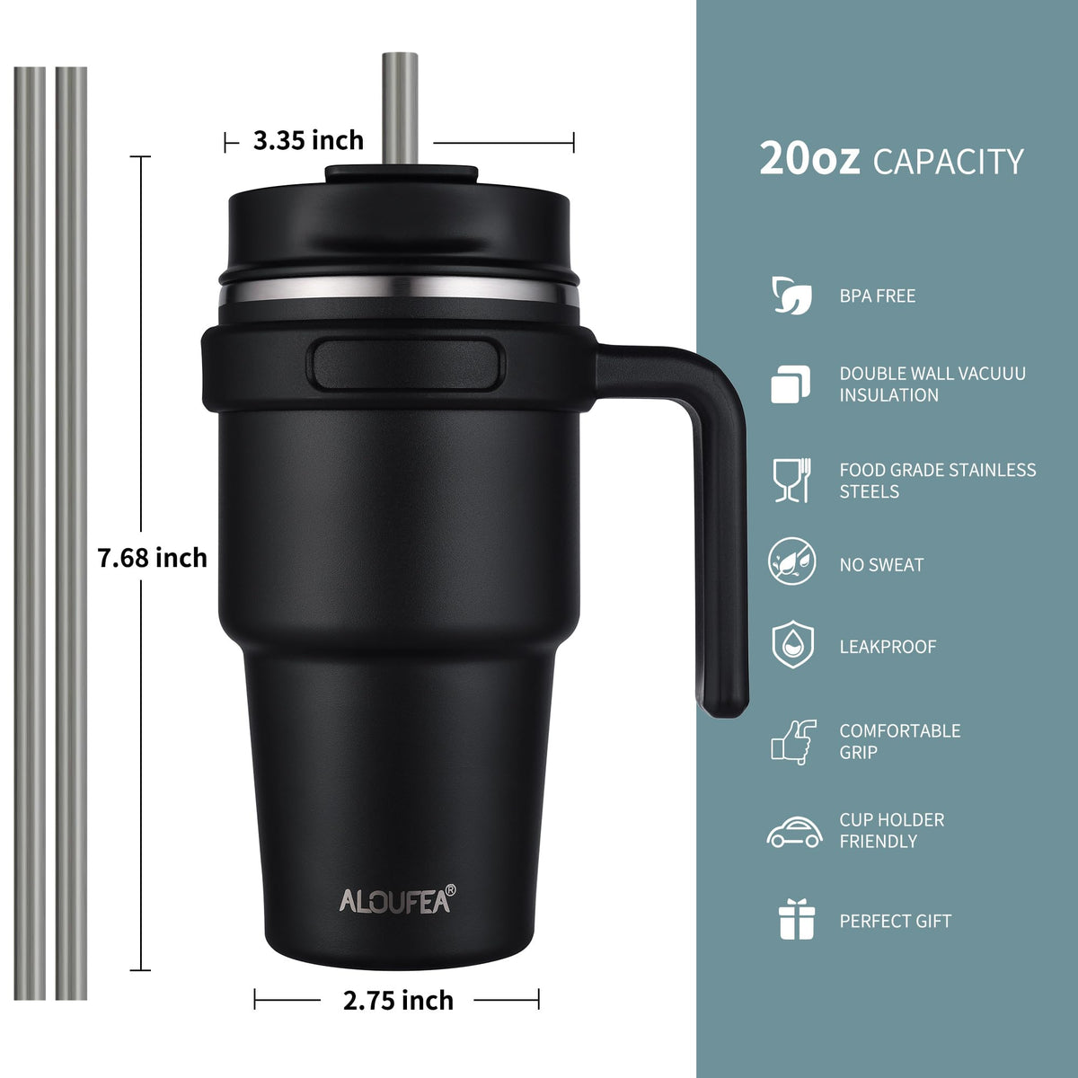 ALOUFEA stainless steel travel mug with lid and straw for mess-free sipping.