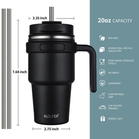 ALOUFEA stainless steel travel mug with lid and straw for mess-free sipping.