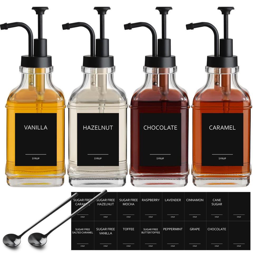 ALPIRIRAL coffee syrup dispenser set adds elegant organization to your coffee bar.