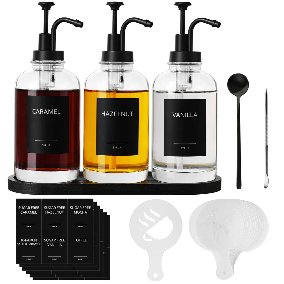 ALPIRIRAL syrup dispenser on a coffee bar with pump for elegant pouring.