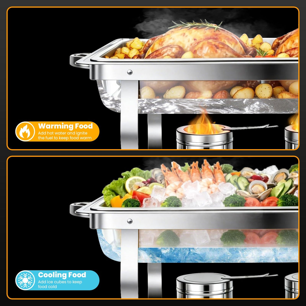 ALSO GO chafing dishes lid-hook design keeps lids secure during service.