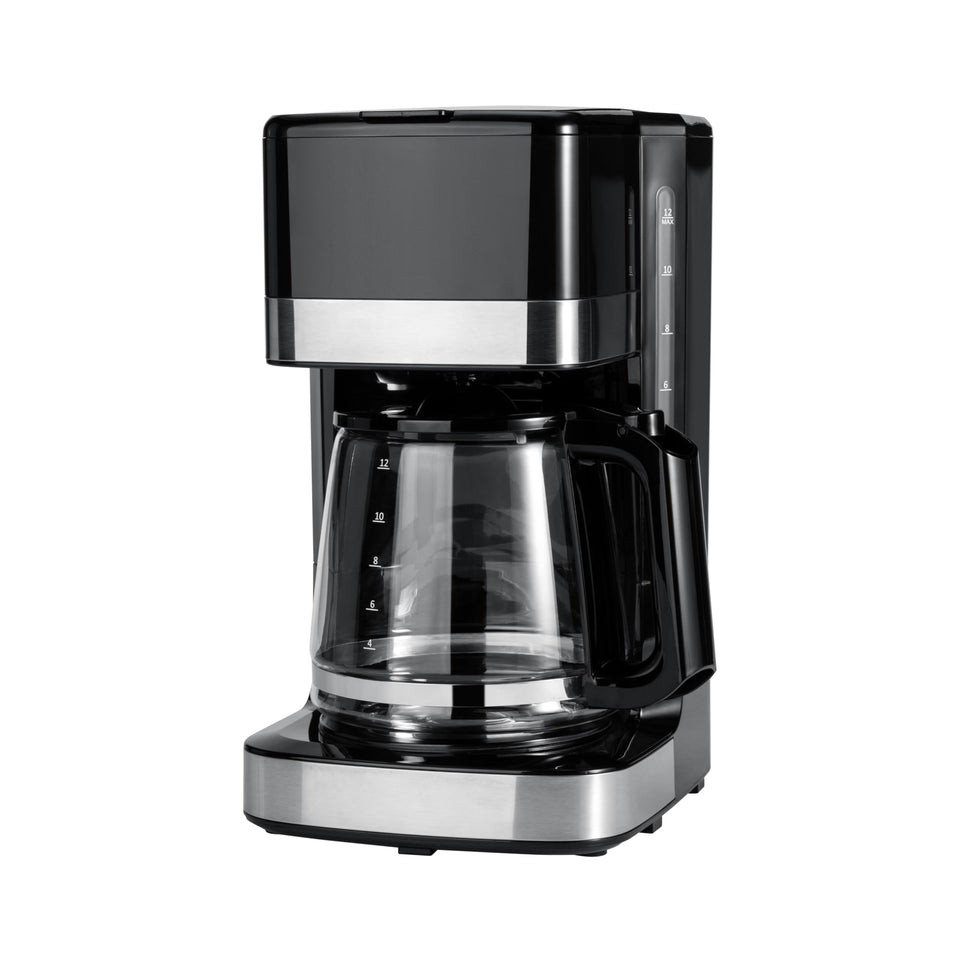 Amazon Basics 12-cup coffee maker with glass carafe ready for everyday brewing.