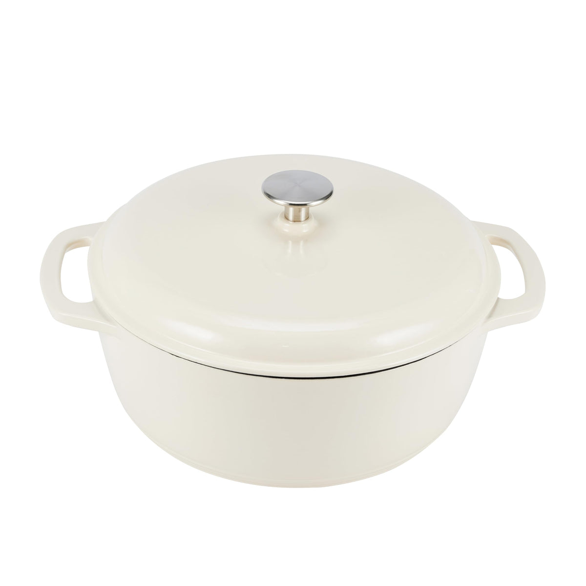 Amazon Basics enameled cast iron dutch oven front view showing even heat for roasts and stews.