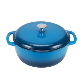 Amazon Basics enameled cast iron dutch oven blue with lid offers even heat for braises.