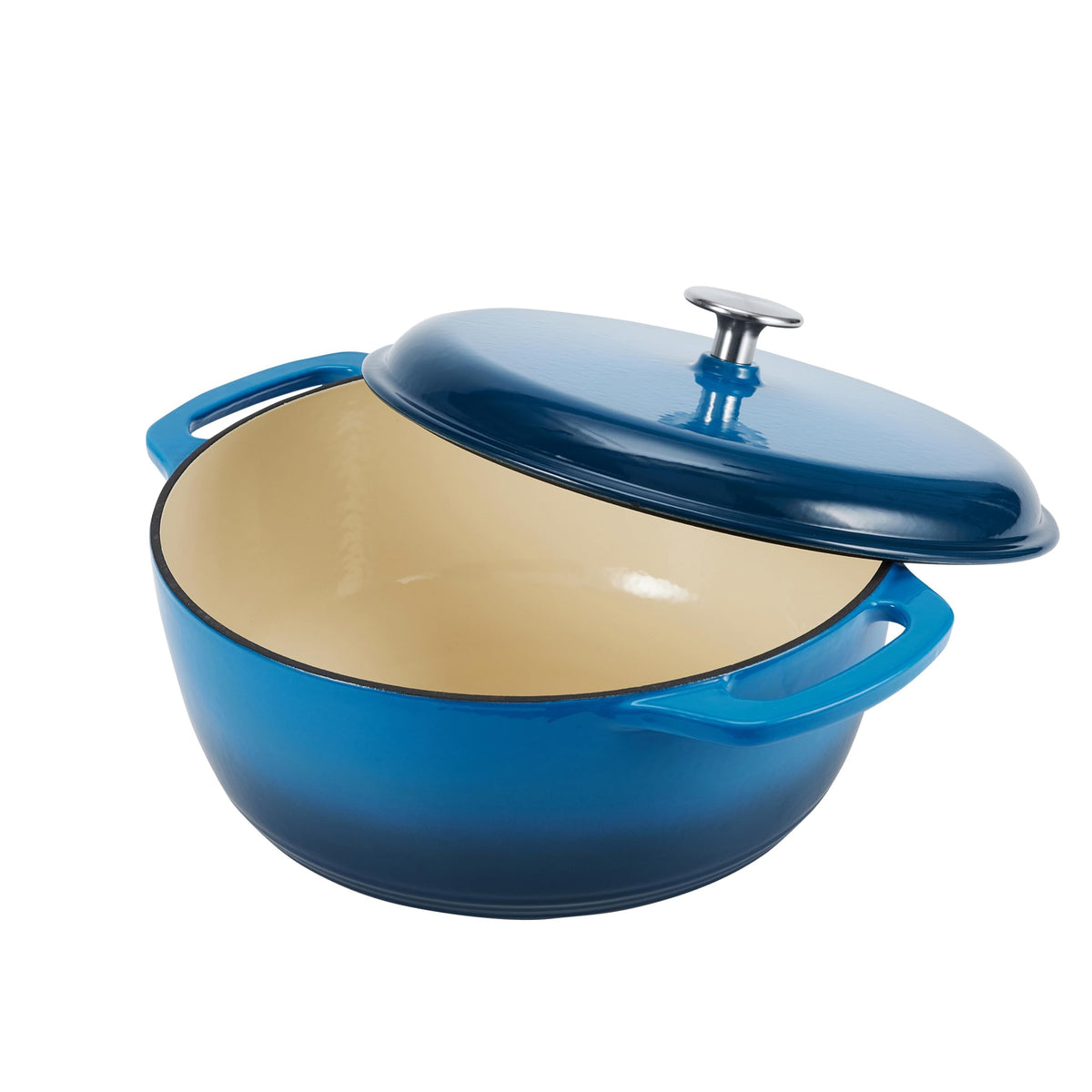 Blue Amazon Basics dutch oven shown from the side with dual handles for easy lifting.