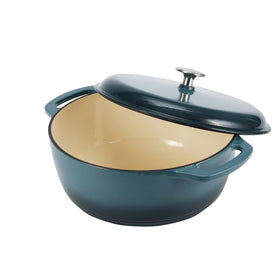 Amazon Basics enameled cast iron dutch oven in kitchen used for stews.