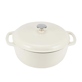 Amazon Basics enameled cast iron dutch oven with lid for even browning and roasting.