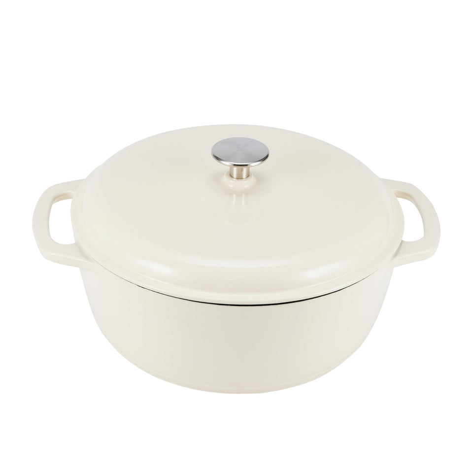Amazon Basics enameled cast iron dutch oven with lid for even browning and roasting.