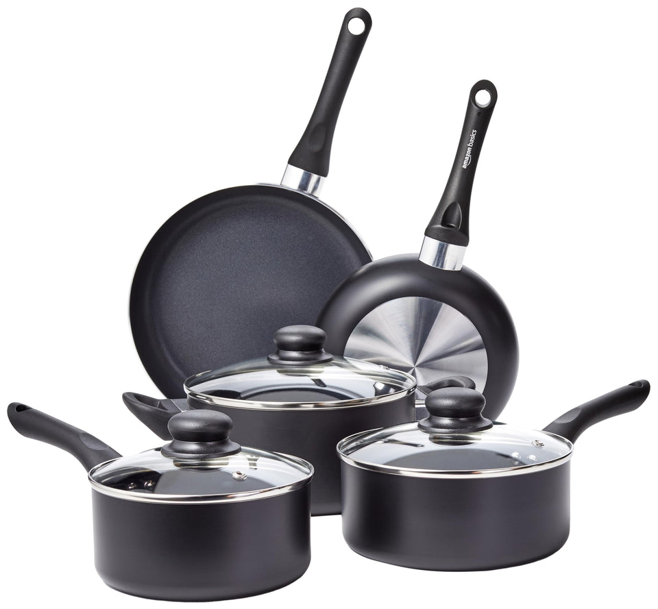 Amazon Basics 8-piece nonstick cookware set on display for easy everyday cooking