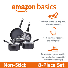 Amazon Basics nonstick cookware with lids demonstrates versatile pans for quick meals