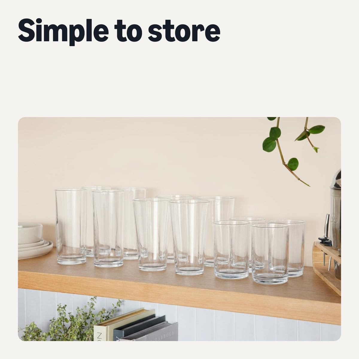 Amazon Basics 15 oz glasses set on counter, ready for family meals.