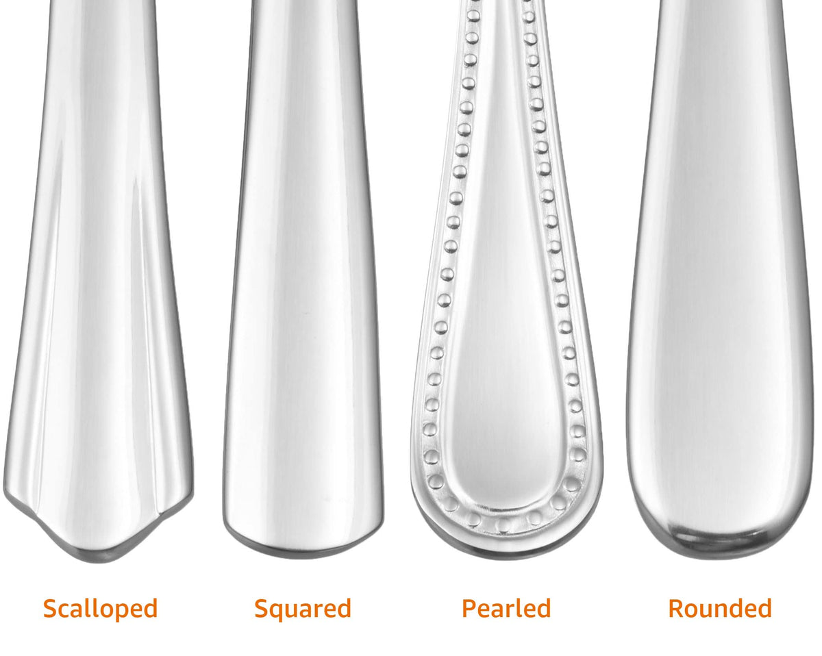 Amazon Basics formal dining flatware with scalloped shell design for everyday use.
