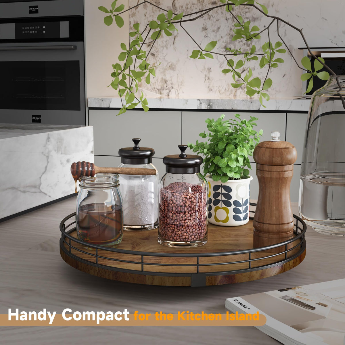 AMH Farmhouse Oak 12-inch Lazy Susan spice collection shows easy access to condiments