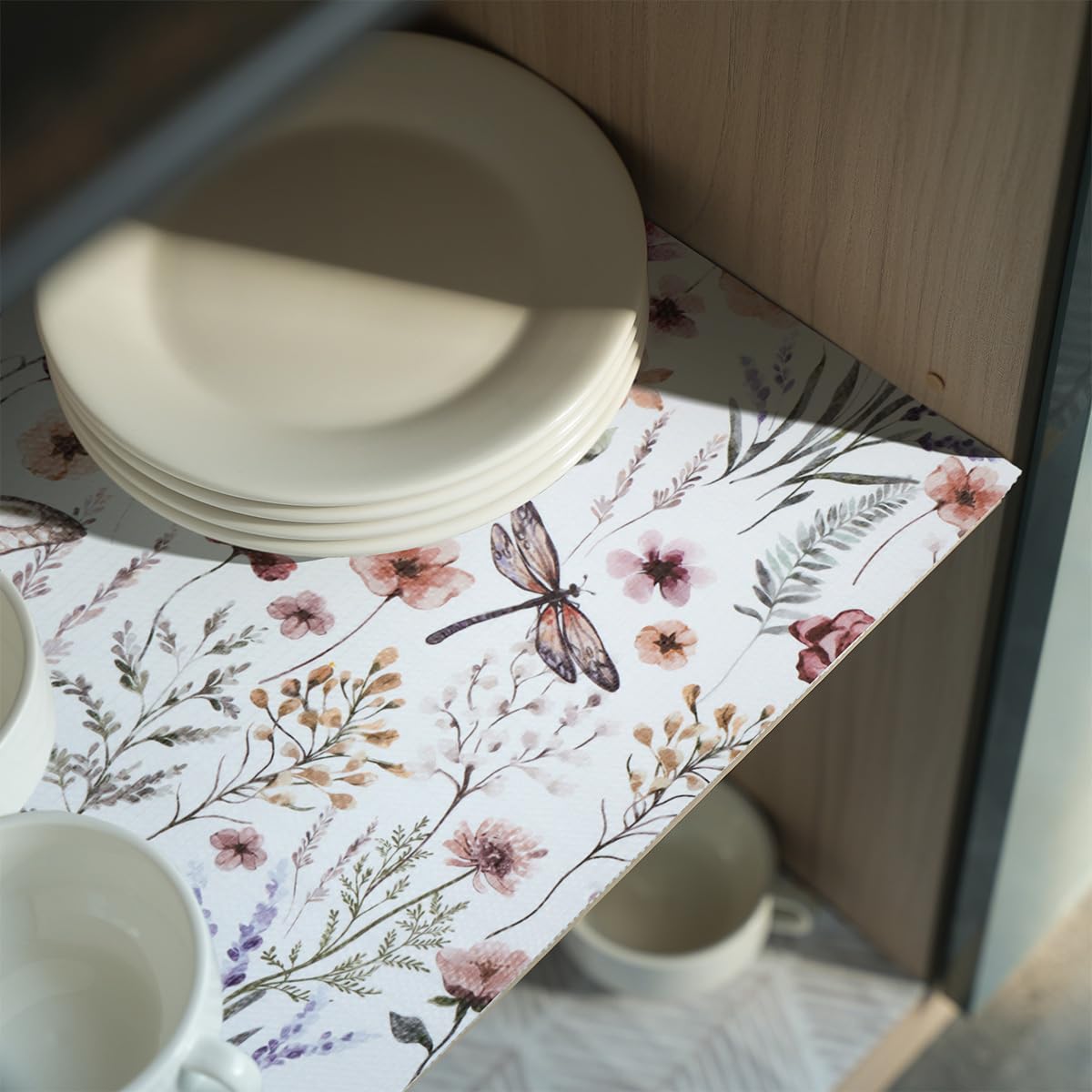 Amiitay Floral Shelf Liner waterproof surface resists spills.