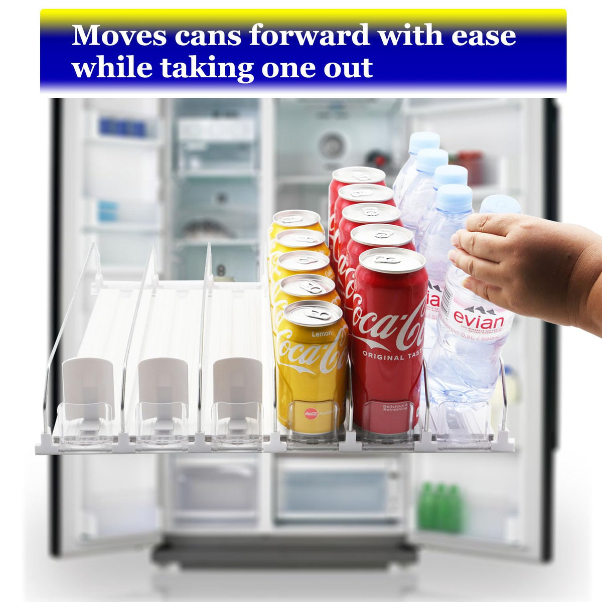 AMLLLC drink organizer with adjustable-width rails demonstrates flexible fit for different can sizes.