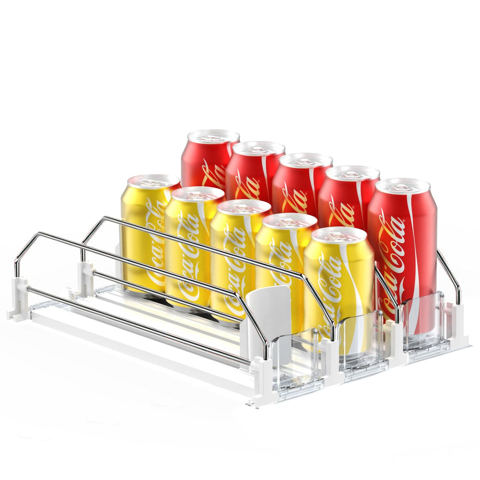 AMLLLC drink organizer in fridge, front view shows 15-can capacity for quick access.