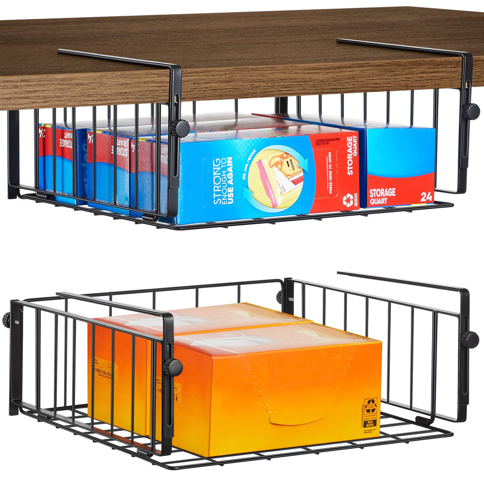AmonHouseware 2-pack hanging under-shelf basket arrangement in a cabinet, tool-free setup.