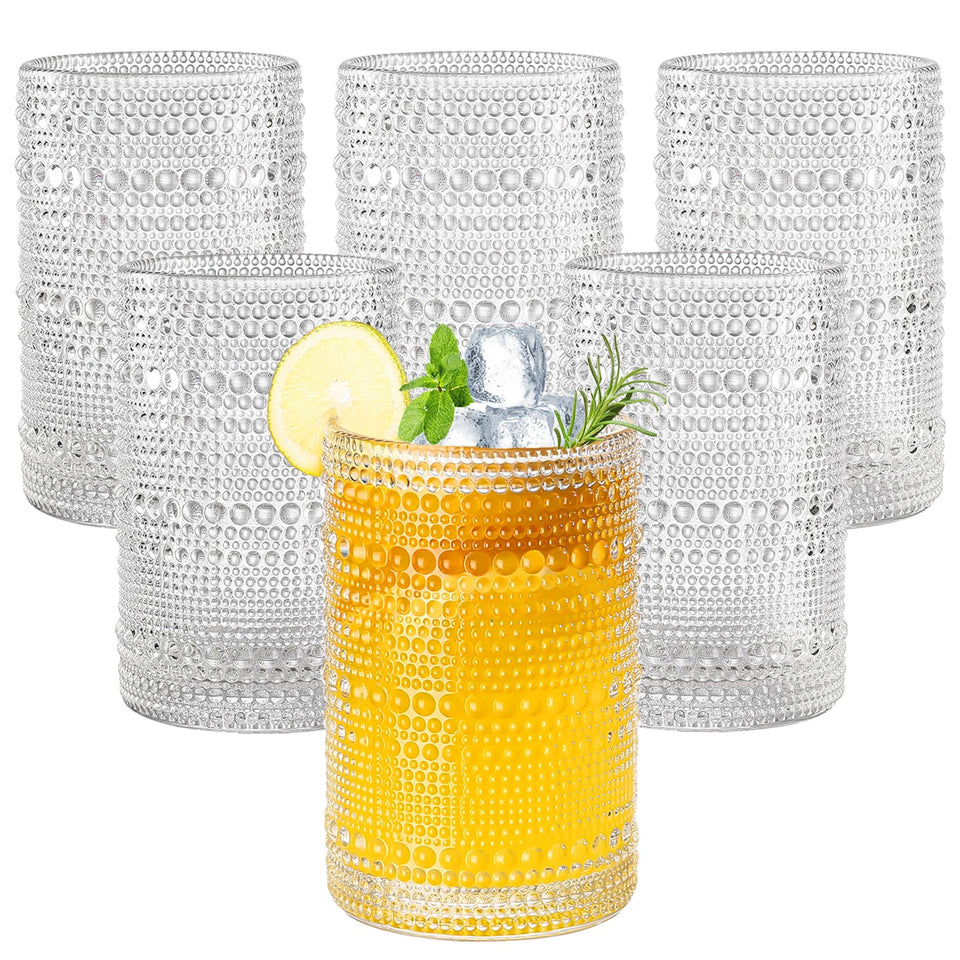 Amyoole hobnail glasses with embossed design for a stylish, slip-resistant grip.