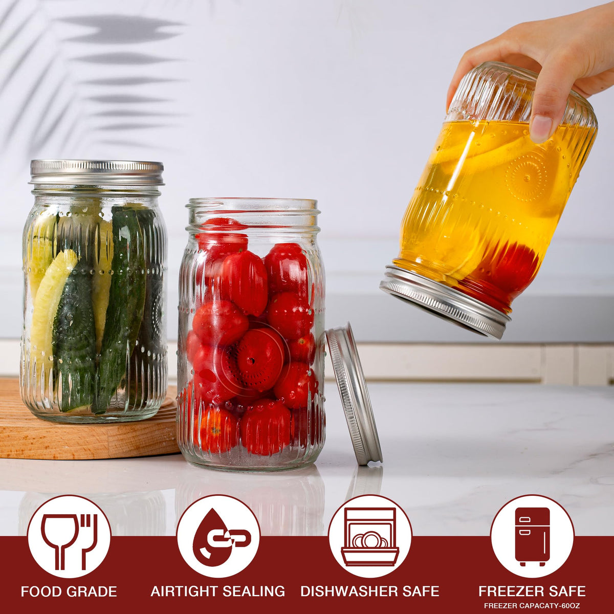 Amzcku jar with red accent design adds stylish kitchen decor.