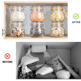 Amzcku six-pack jars arranged for pantry organization and easy bulk storage.
