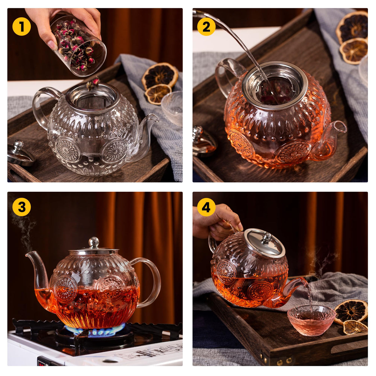 Amzcku teapot showing blooming tea in clear borosilicate glass.